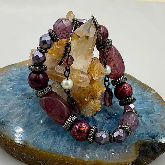 Premier Designs Jewelry - Premier Designs 7” Bracelet With Purple, Pink & Rose Colored Beads & Earrings